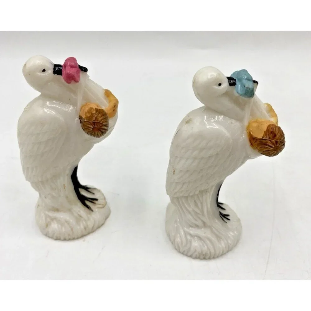Pair of Vintage 1950s Stork Cake Toppers Pink Blue Celluloid Baby Shower